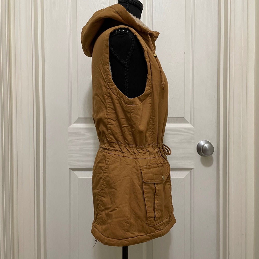 YMI Collection Hooded Vest Brown Faux Fur Lined Full Zip Drawstring Fits M - L - Picture 3 of 10